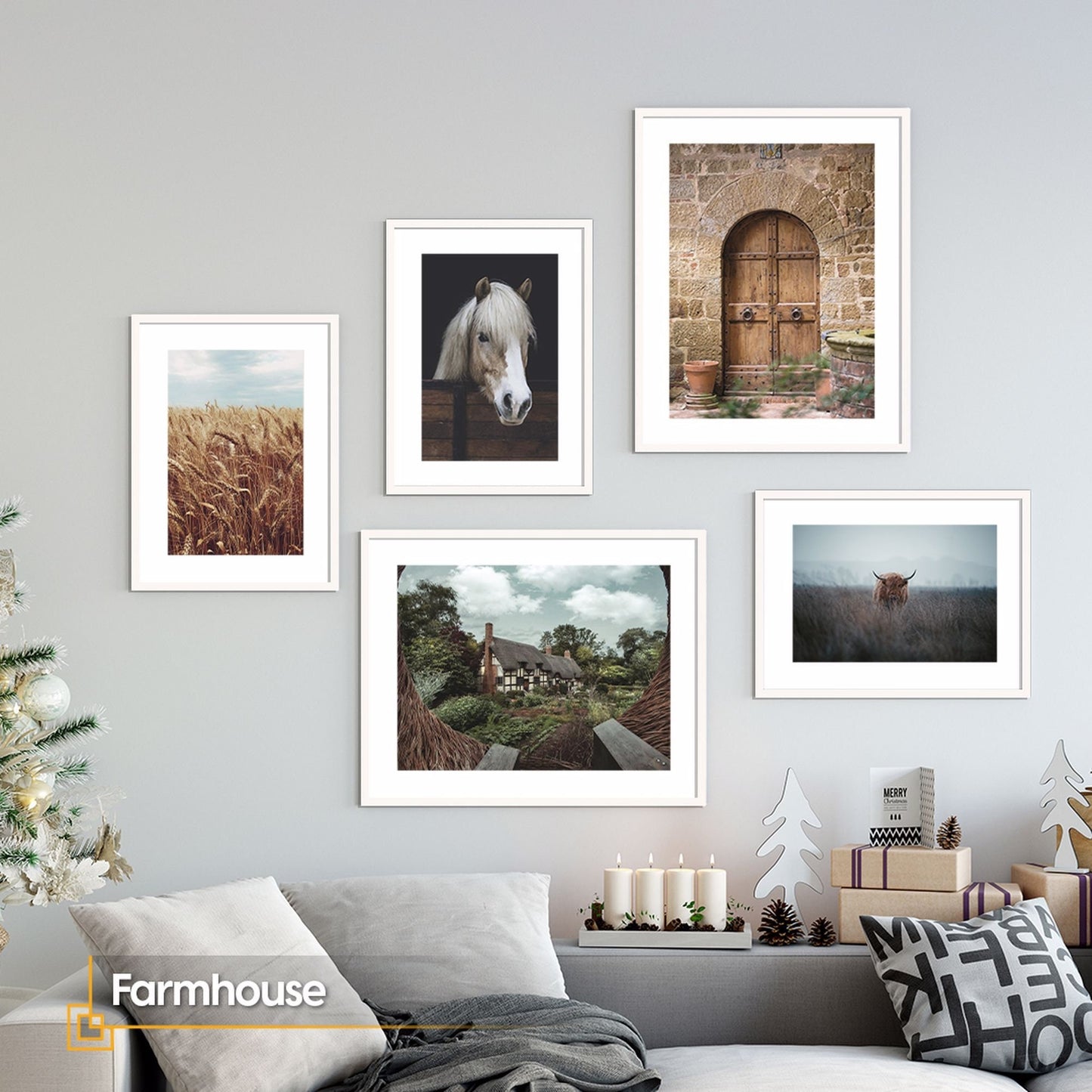 FRAMED Wall Art Set Farmhouse Prints Horse Poster Wall Art Set Scenery Print Set Highland Cow Framed Poster Farmhouse Wall Decor