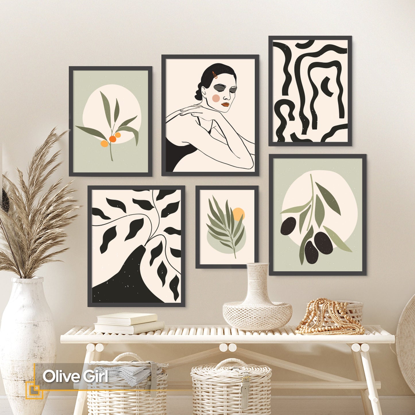 Olive Girl - Boho FRAMED Wall Art Set Framed Ready to Hang Print Set of 6 Pieces