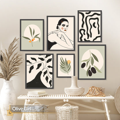 Olive Girl - Boho FRAMED Wall Art Set Framed Ready to Hang Print Set of 6 Pieces