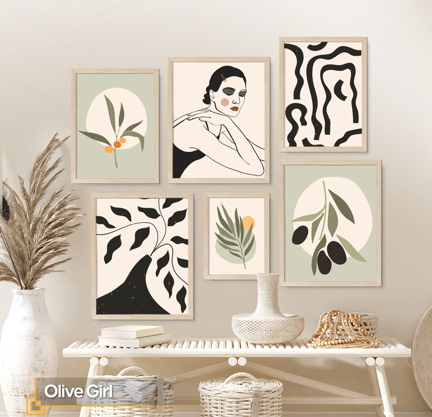 Olive Girl - Boho FRAMED Wall Art Set Framed Ready to Hang Print Set of 6 Pieces
