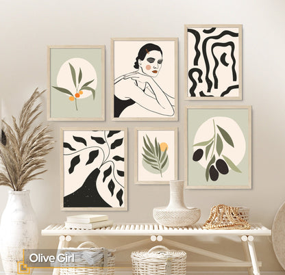Olive Girl - Boho FRAMED Wall Art Set Framed Ready to Hang Print Set of 6 Pieces