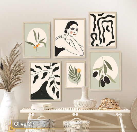 Boho FRAMED Wall Art Set Framed Ready to Hang Print Set Modern Line Art Large  Gallery Wall  Set Abstract Prints Green Wall Art