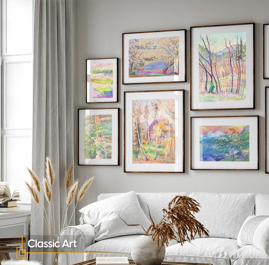 Impressionist Wall Art Set FRAMED Vintage Gallery Wall Art  Wooden Framed Exhibition Print Landscape Painting Wall Deco Pink Wall Art