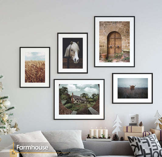 FRAMED Wall Art Set Farmhouse Prints Horse Poster Wall Art Set Scenery Print Set Highland Cow Framed Poster Farmhouse Wall Decor