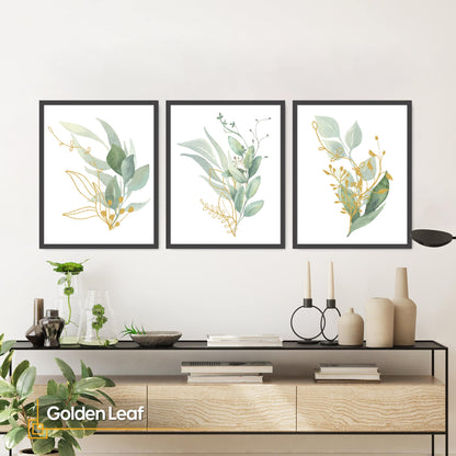 Golden Leaf - Green Leaf Watercolor Leaves Print Set of 3 FRAMED