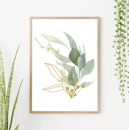 Golden Leaf - Green Leaf Watercolor Leaves Print Set of 3 FRAMED