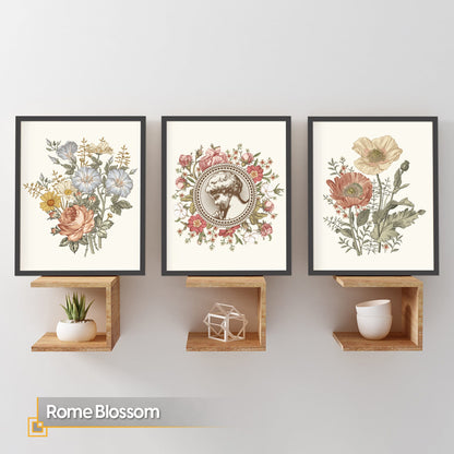 Rome Blossom - Vintage Flower Wall Art FRAMED Set of 3 Pieces