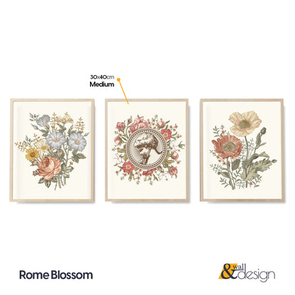 Rome Blossom - Vintage Flower Wall Art FRAMED Set of 3 Pieces