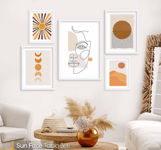 Mid-Century FRAMED Wall Art Set of 5 Woman Line Art Framed Large Framed Print Set of 5 Abstract Sun Print  Terracotta Yellow Wall Art