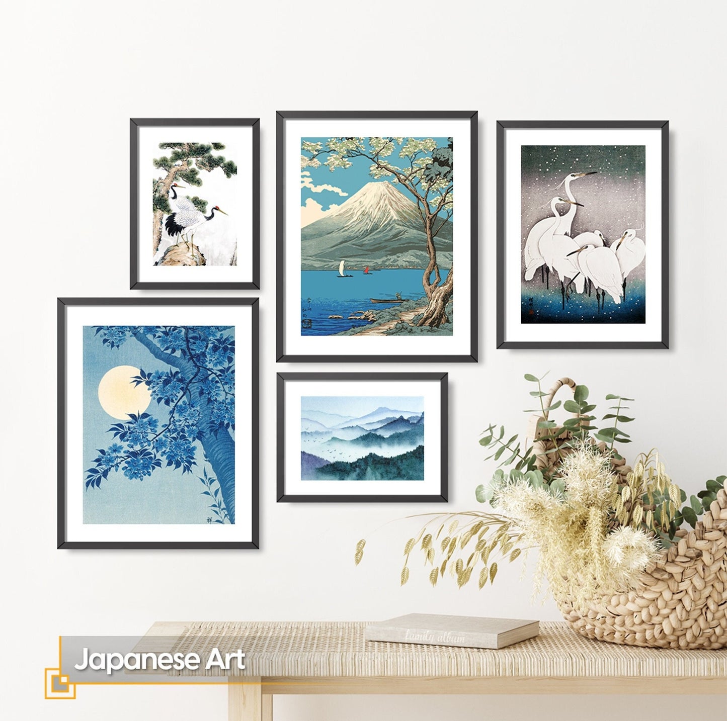 Blue Gallery Wall Set of 5 FRAMED Prints Japanese Artwork Living Room Wall Art Vintage Wall Art Takahashi Hiroaki Ohara Koson