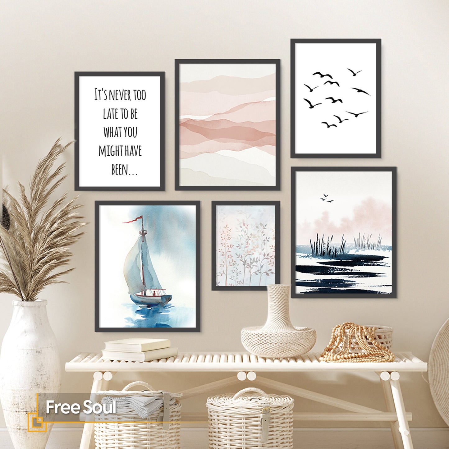 Free Soul - 6 Pieces Nautical Watercolor Gallery Wall Set FRAMED