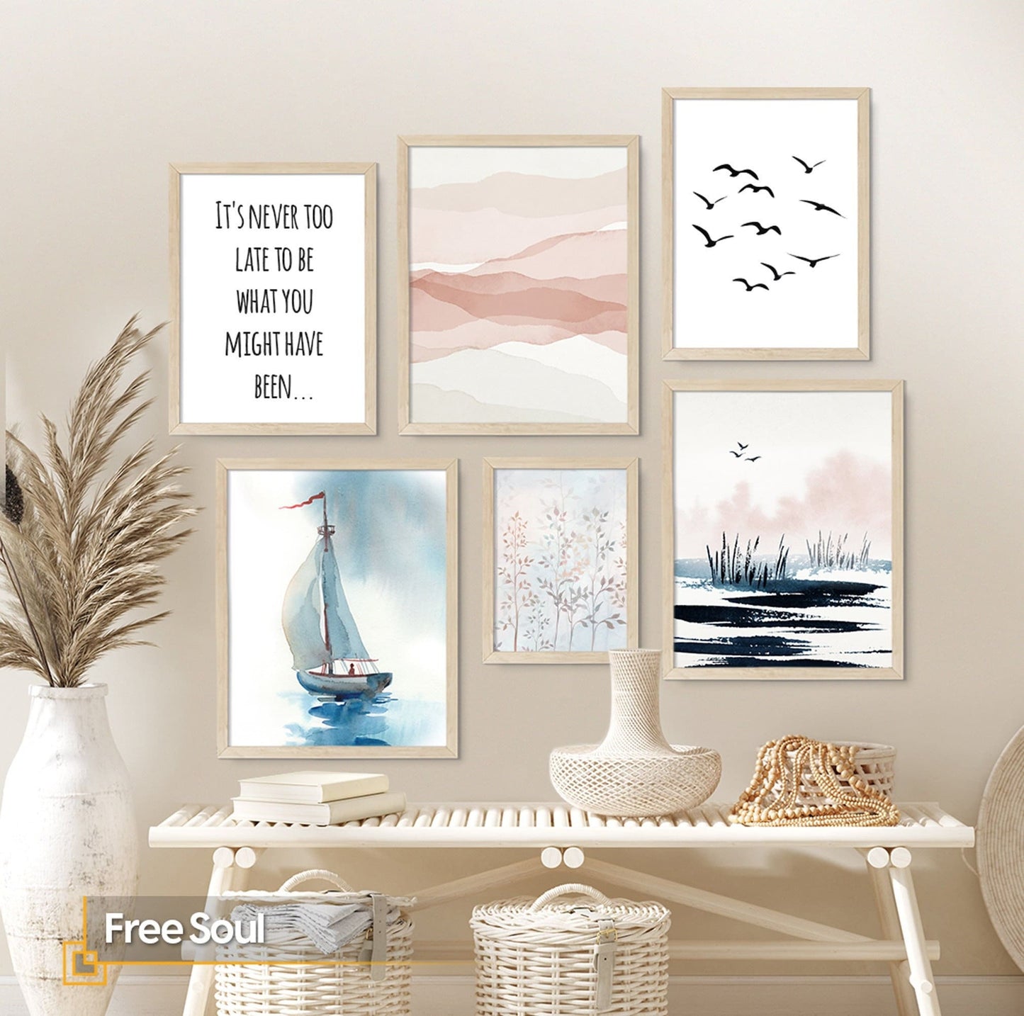 Free Soul - 6 Pieces Nautical Watercolor Gallery Wall Set FRAMED