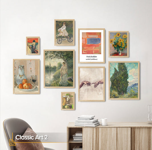 Classic Gallery Wall Set FRAMED Exhibition Wall Gallery Museum Prints Set of 9 Exhibition Wall Art Van GOGH Michelangelo, Claude Monet