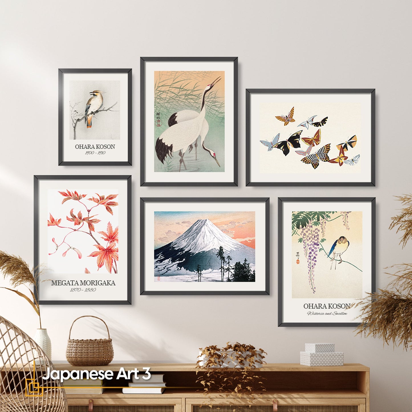 FRAMED Japanese Wall Art Gallery Wall Set Butterfly Prints Wall Deco Artworks Framed Poster Set Living Room Wall Art Vintage Wall Art