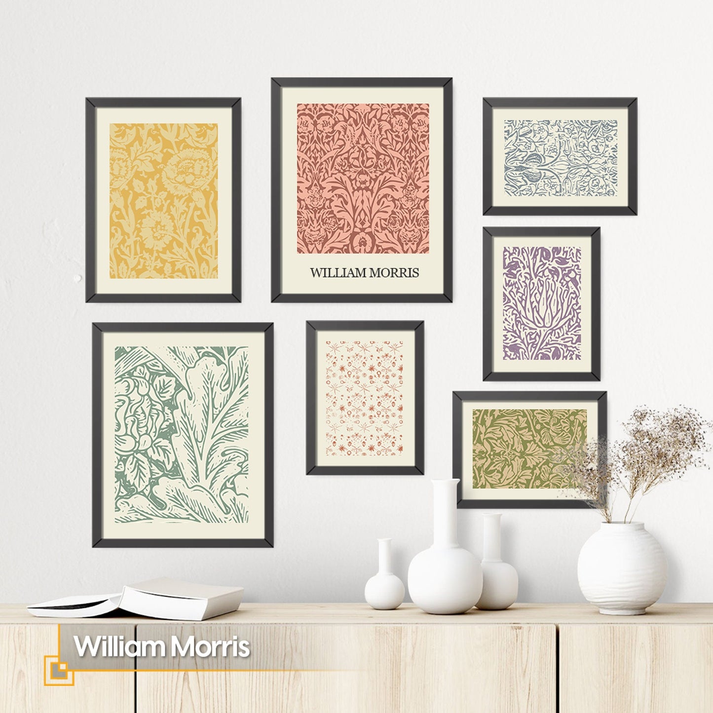 William Morris - Line Art Gallery Wall Set FRAMED of 7 Pieces