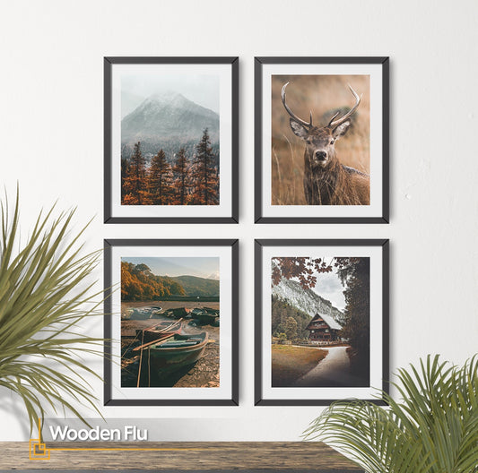 FRAMED Nature Gallery Wall Art Set of 4  Mountain Prints Lake Poster Set Framed Lake Picture Mountain Picture Nature Forest Poster Set