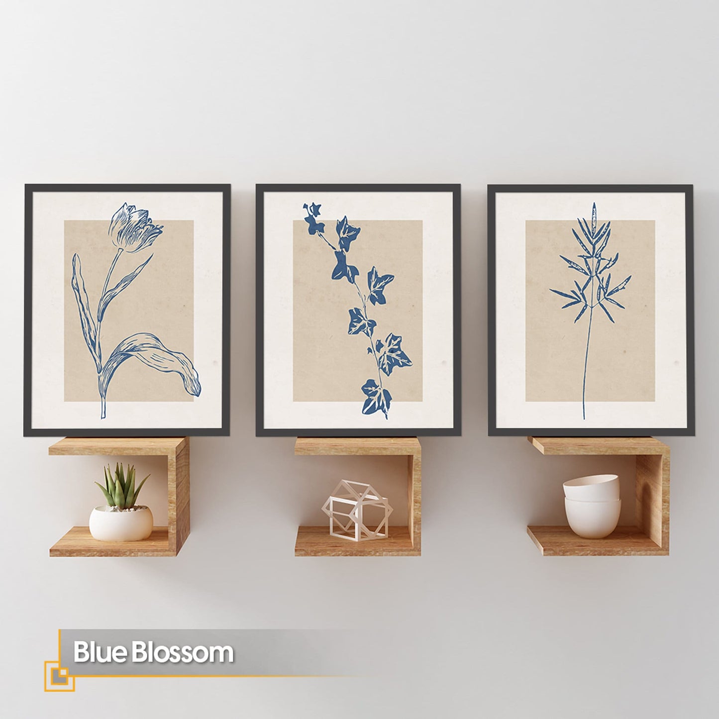 FRAMED Gallery Wall Set Line Art Flower Print Set of 3 Blue Flowers Posters Framed Ready Made Gallery Wall Art Vintage Floral Wall Prints