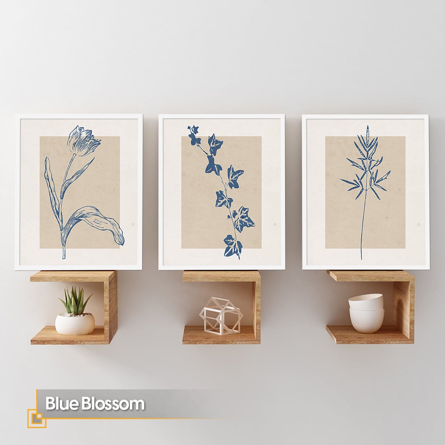 FRAMED Gallery Wall Set Line Art Flower Print Set of 3 Blue Flowers Posters Framed Ready Made Gallery Wall Art Vintage Floral Wall Prints