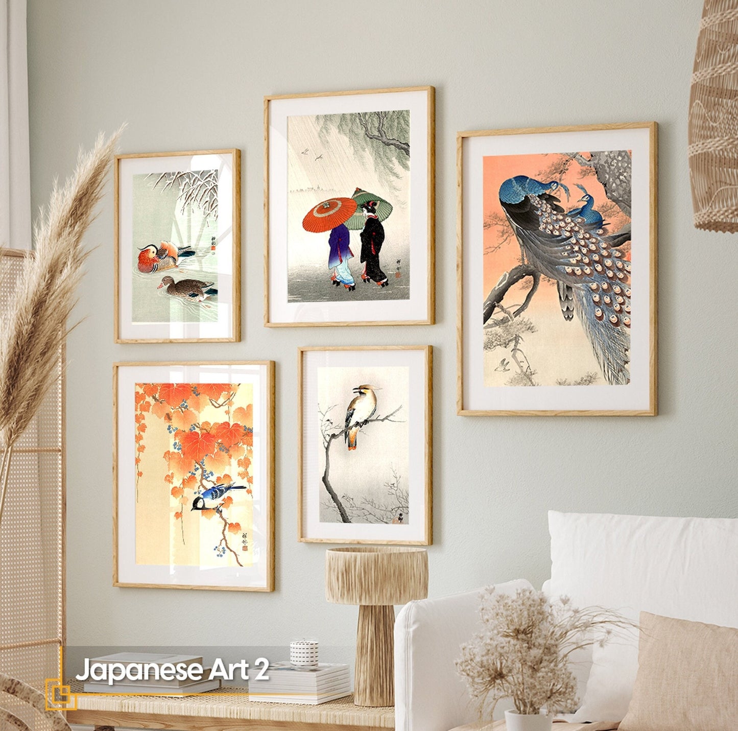 Vintage Japanese Art FRAMED Gallery Wall Set Peacock Wall Art Set of 5 Framed Print Set Living Room Wall Art Vintage Wall Art Posters