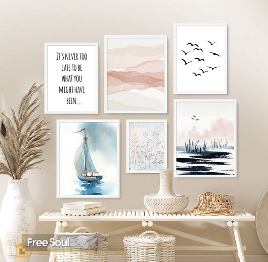 Free Soul - 6 Pieces Nautical Watercolor Gallery Wall Set FRAMED