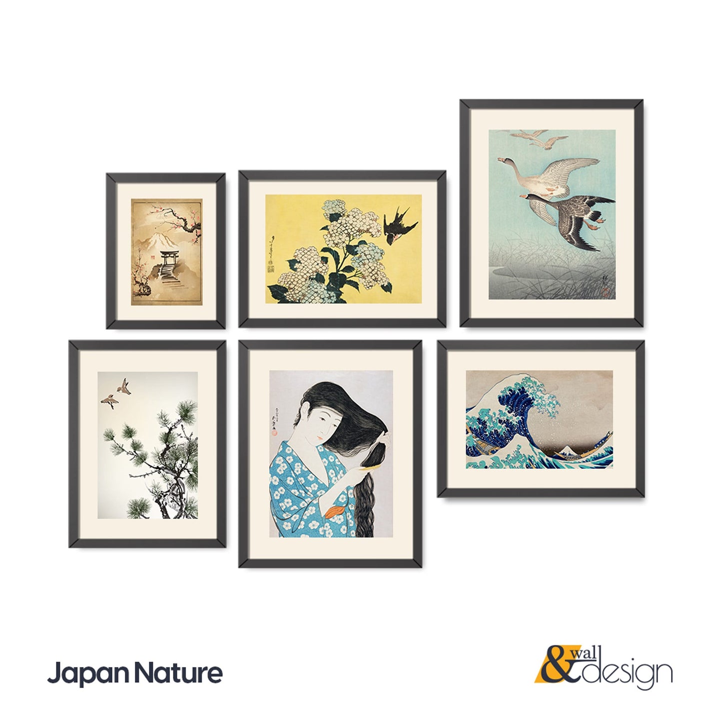 Gallery Wall Set of 6 FRAMED Prints Japanese Art Work Blue Wall Art Set Living Room Deco Vintage Wall Art Vintage Framed Posters