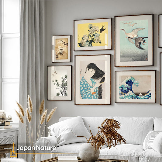 Gallery Wall Set of 6 FRAMED Prints Japanese Art Work Blue Wall Art Set Living Room Deco Vintage Wall Art Vintage Framed Posters