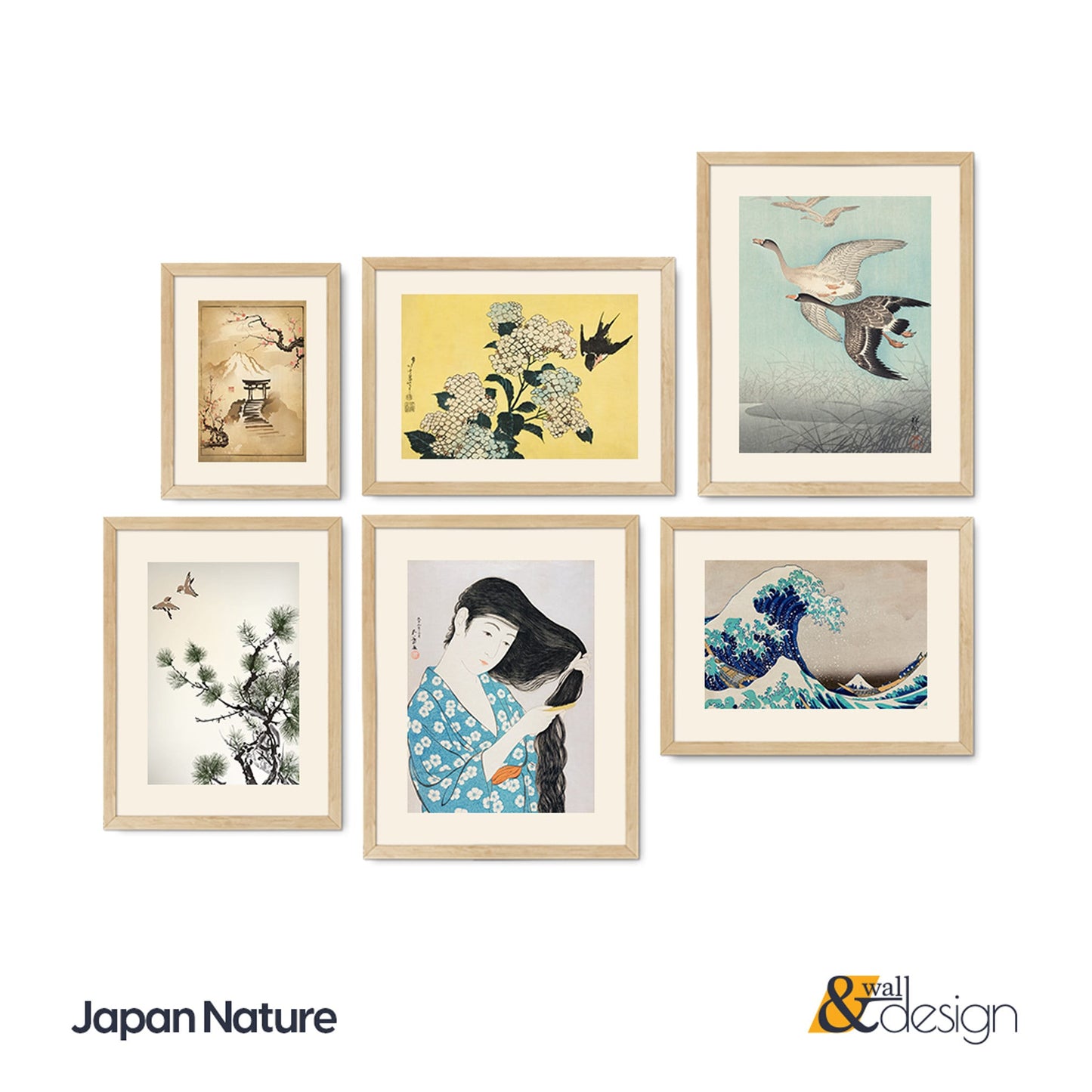 Gallery Wall Set of 6 FRAMED Prints Japanese Art Work Blue Wall Art Set Living Room Deco Vintage Wall Art Vintage Framed Posters