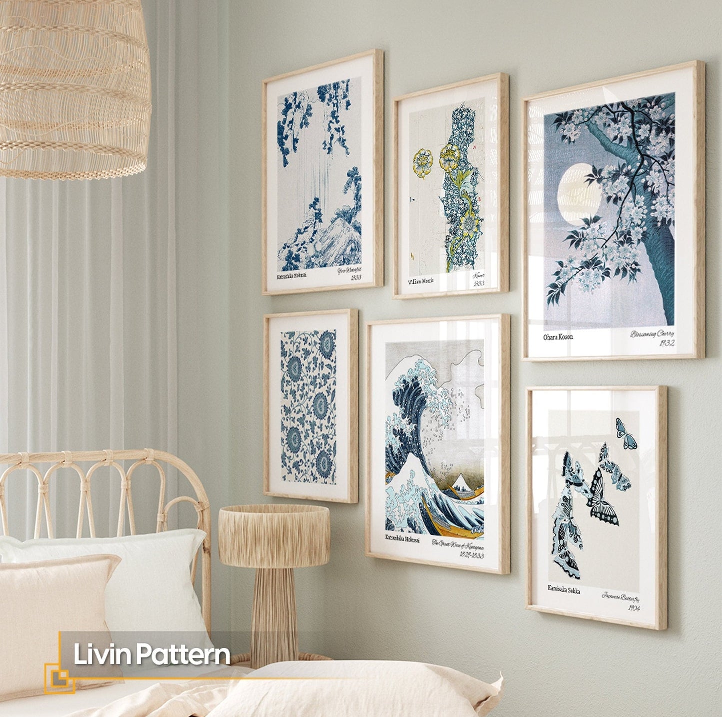 Blue Wall Art Set FRAMED Japanese Framed Prints Ready to Hang Gallery Wall Art Floral Wall Art William Morris Kamisaka Sekka Hokusai