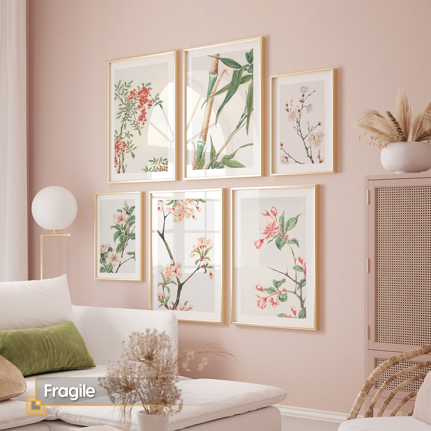 Framed Flowers Wall Art Gallery Set of 6 Art Prints Set Pink Flowers Botanical Prints Plants and Tree Watercolor Print Pink Cozy Home Deco