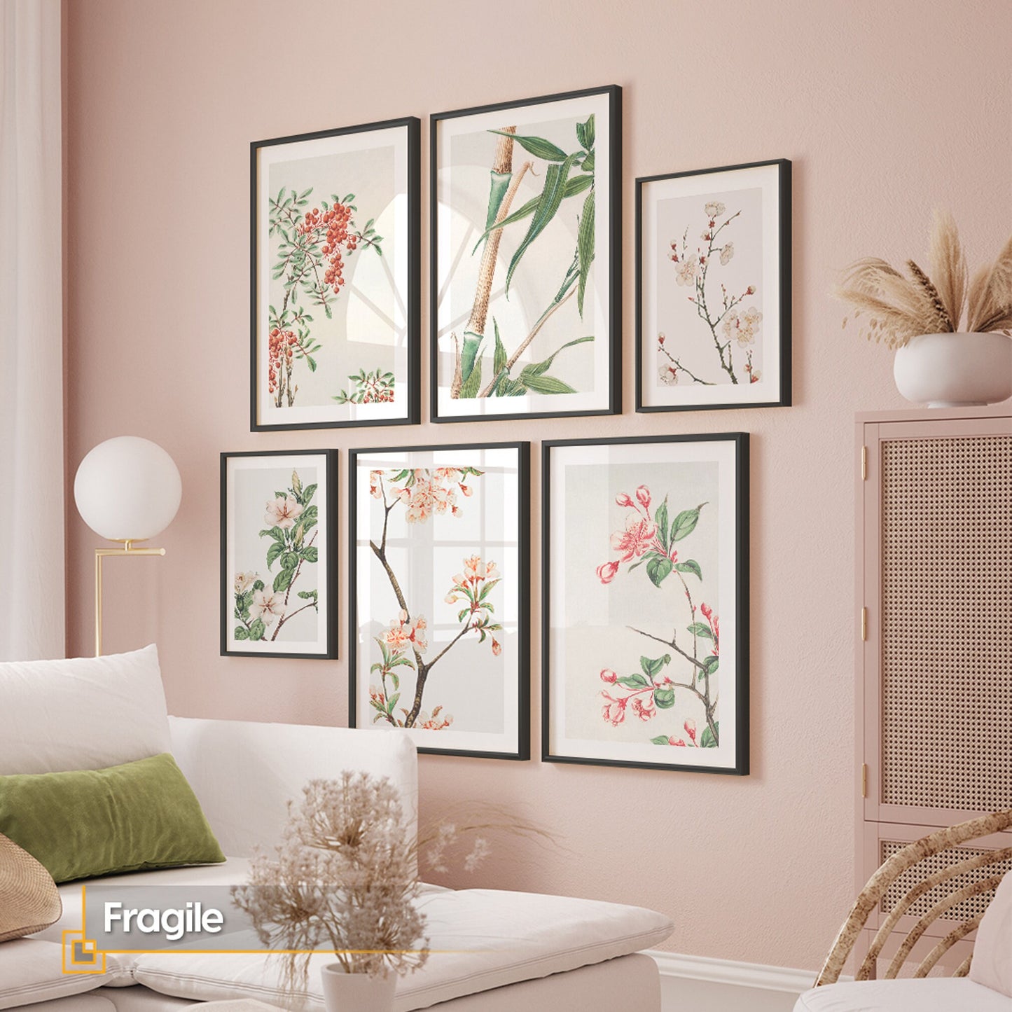 Framed Flowers Wall Art Gallery Set of 6 Art Prints Set Pink Flowers Botanical Prints Plants and Tree Watercolor Print Pink Cozy Home Deco