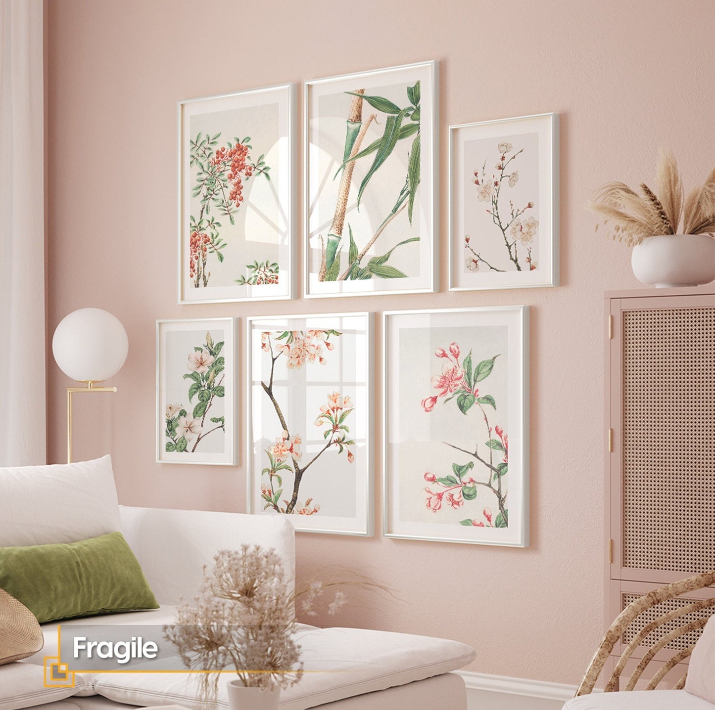 Framed Flowers Wall Art Gallery Set of 6 Art Prints Set Pink Flowers Botanical Prints Plants and Tree Watercolor Print Pink Cozy Home Deco