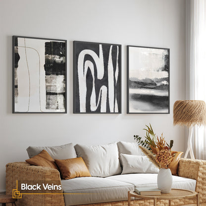 Black Veins - FRAMED Black and White Abstract Wall Art Print Set of 3 Pieces