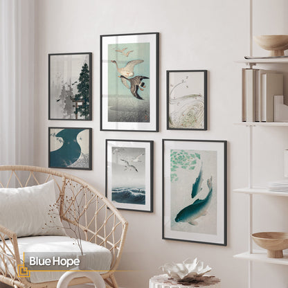 Blue Hope - Modern Wall Art Set FRAMED Gallery Watercolor Japanese Art Prints