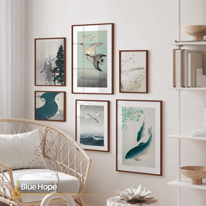 Blue Hope - Modern Wall Art Set FRAMED Gallery Watercolor Japanese Art Prints