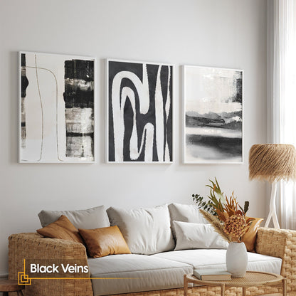 Black Veins - FRAMED Black and White Abstract Wall Art Print Set of 3 Pieces