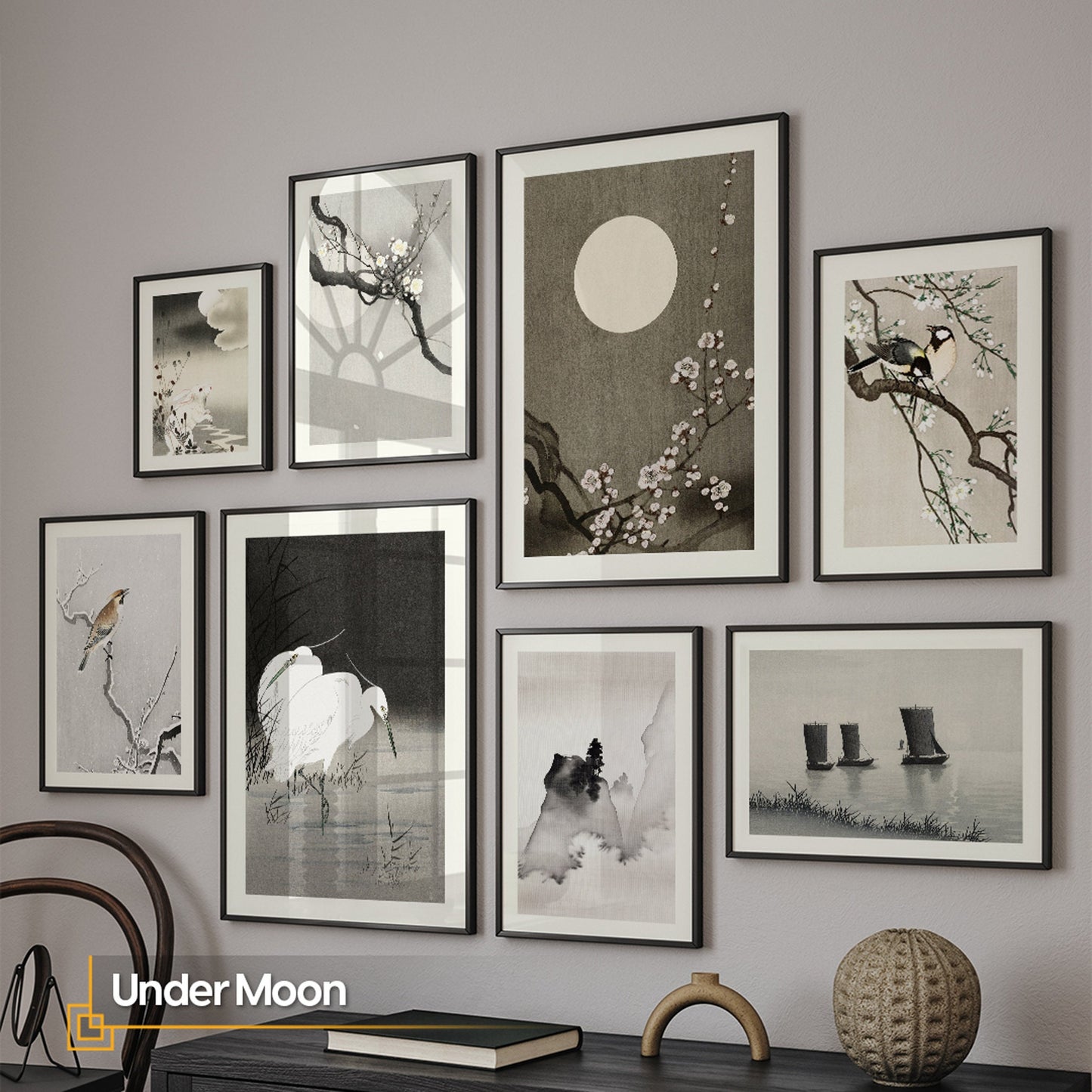 Black and White Gallery Wall Set of 8 FRAMED Moonlight Picture Wall Decor Japanese Art Wall Decor Night Wall Art Set Wall Art Bundle