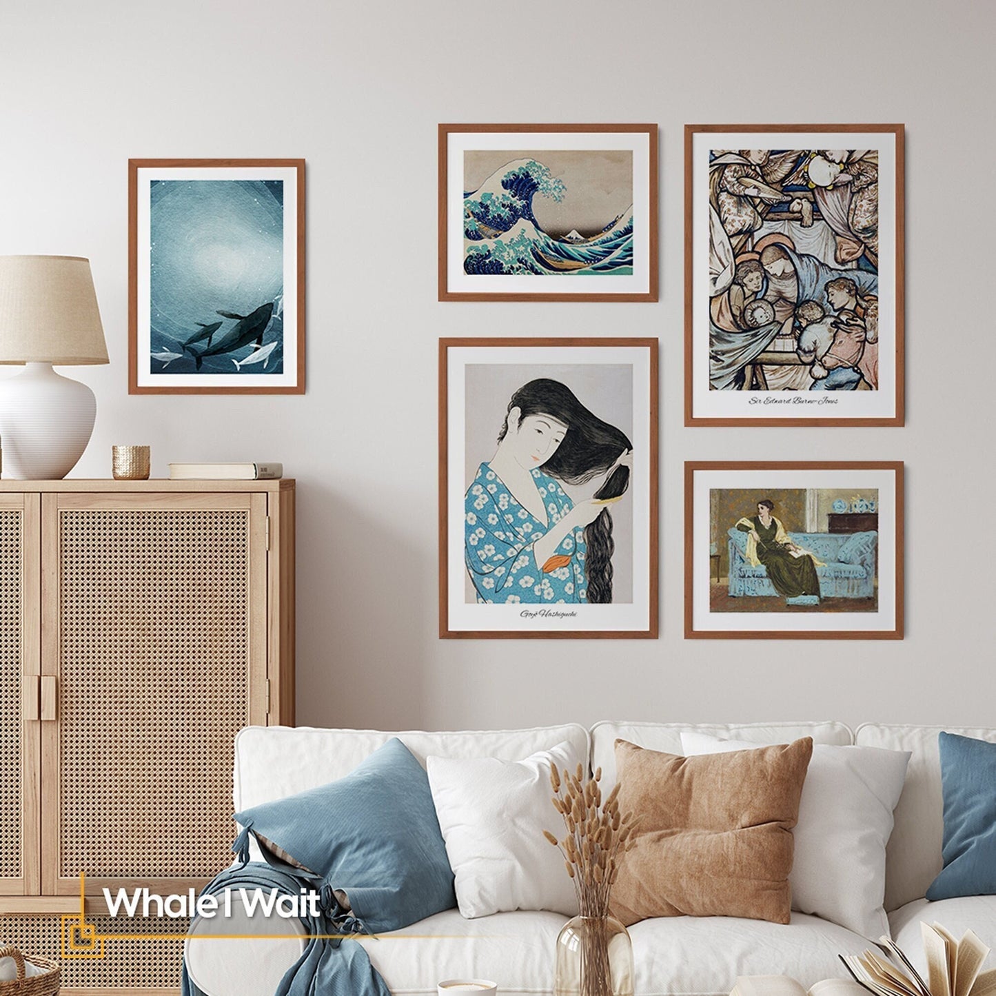 Blue FRAMED Wall Art Set Japanese Abstract Art Prints Framed Gallery Wall Set of 5  Wooden Framed Prints Hokusai Goyō Hashiguchi