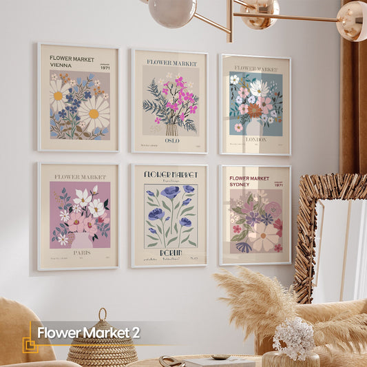 Modern FRAMED Flowers Wall Art Set of 6 pieces Flowers Market Gallery Vintage Flower Wall Art Wall Decor for Living Room Woden Frame