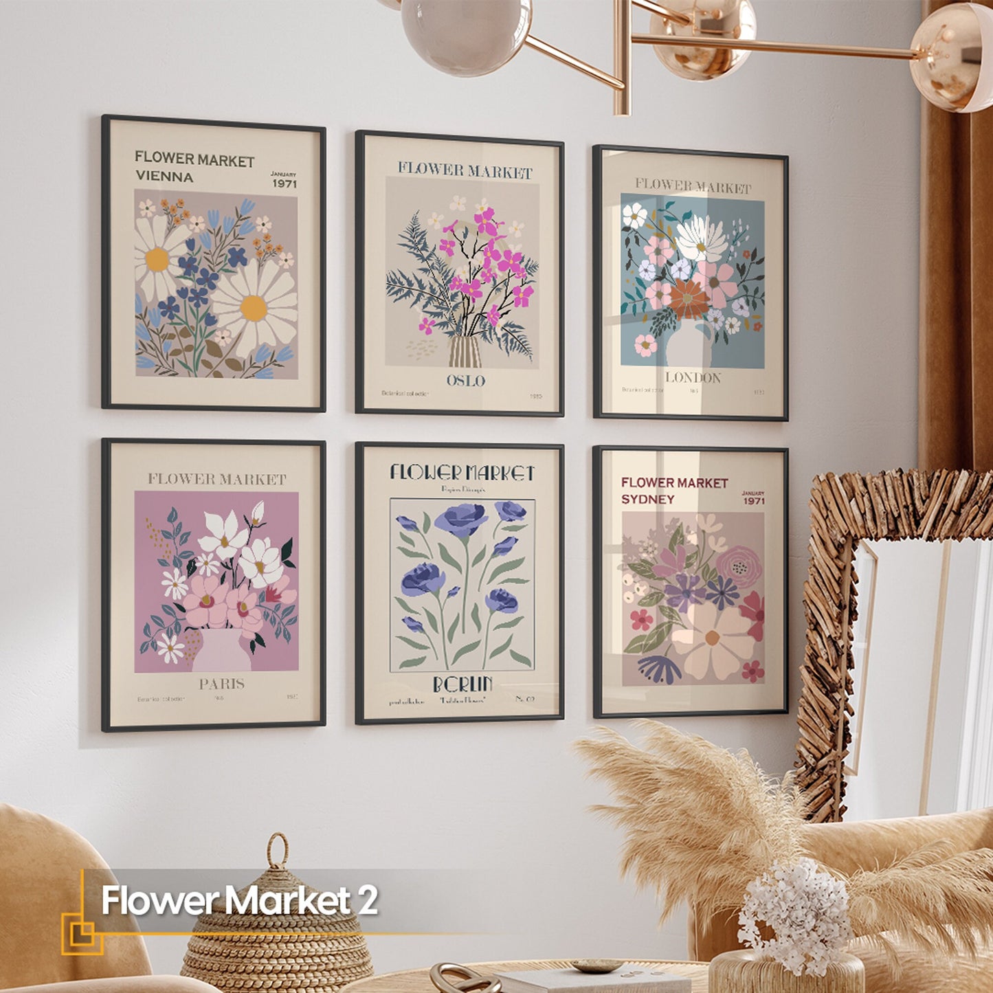 FLower Market 2 - Modern FRAMED Flowers Wall Art Set of 6 pieces Flowers Market Gallery