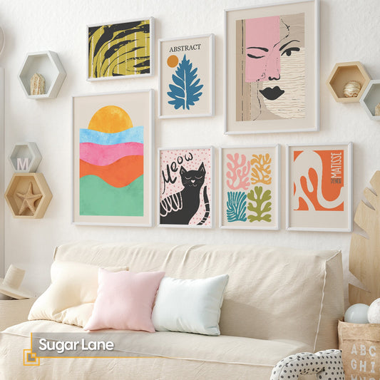 Gallery Wall Set of 7 FRAMED Boho Artwork Print Set Framed  Modern Wall Art  Abstract Wall Prints Bundle Exhibition Poster Set