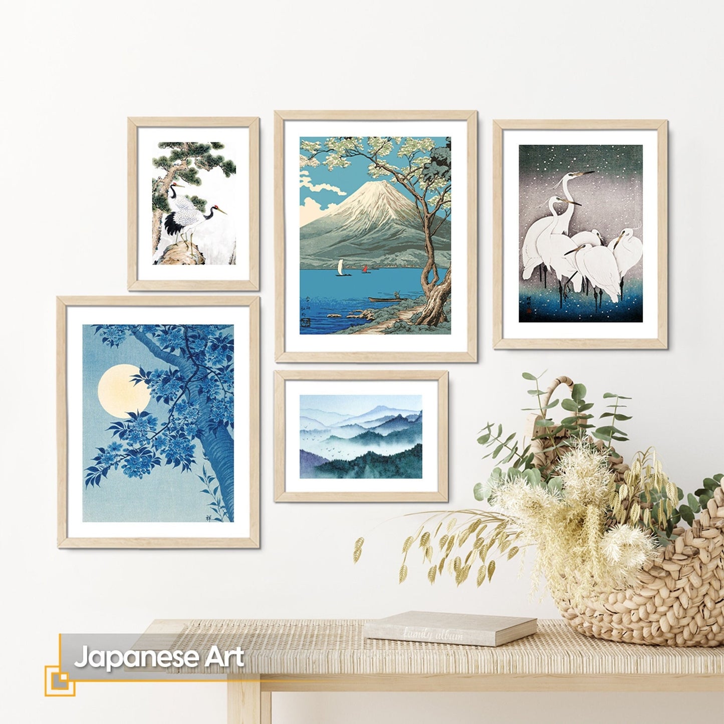 Blue Gallery Wall Set of 5 FRAMED Prints Japanese Artwork Living Room Wall Art Vintage Wall Art Takahashi Hiroaki Ohara Koson