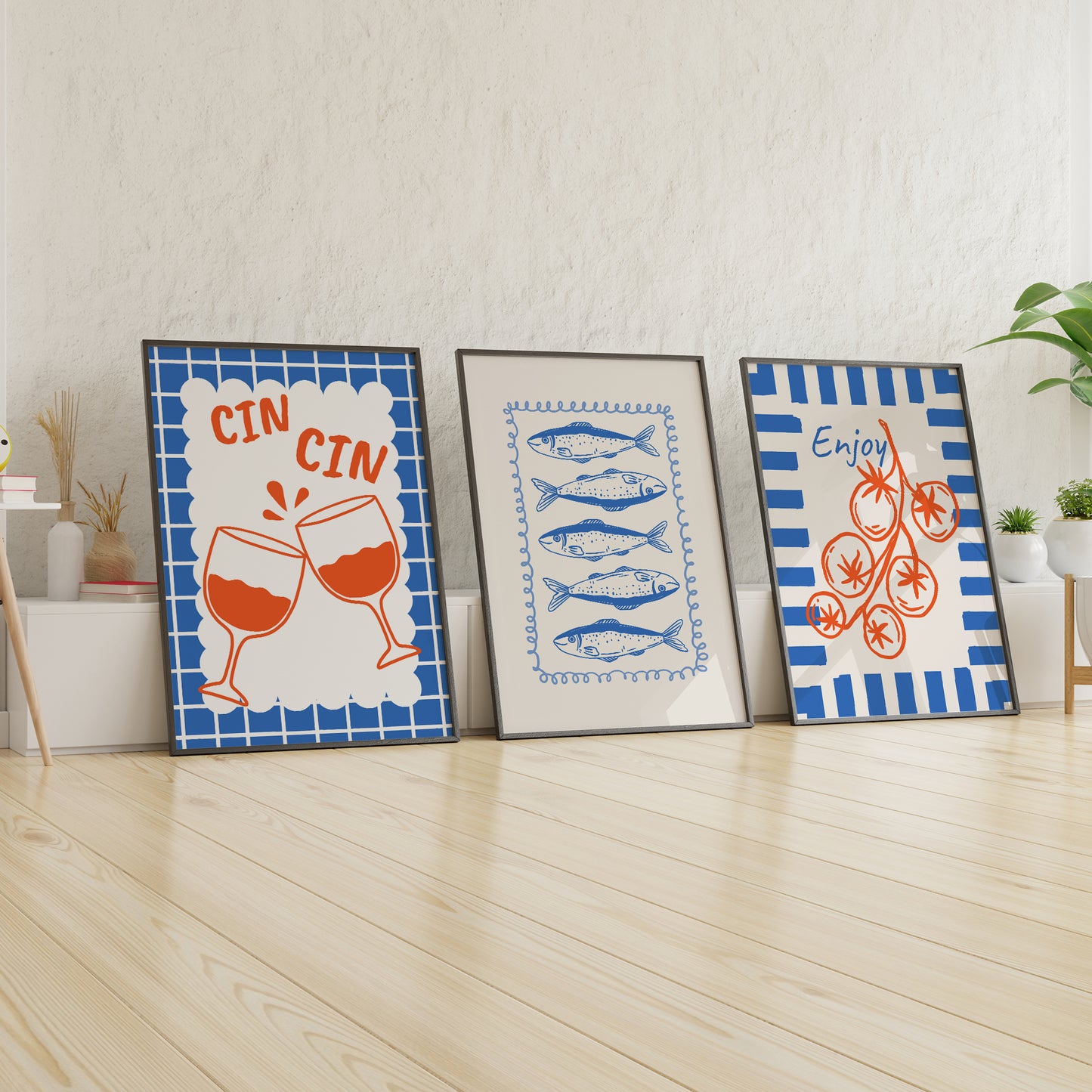 Mediterranean Kitchen Wall Art 3 Piece Framed Print Set - Cin Cin Wine, Fish & Tomato Illustration, Coastal Dining Room Decor