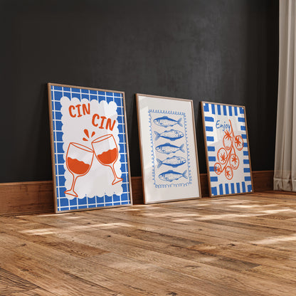 Mediterranean Kitchen Wall Art 3 Piece Framed Print Set - Cin Cin Wine, Fish & Tomato Illustration, Coastal Dining Room Decor