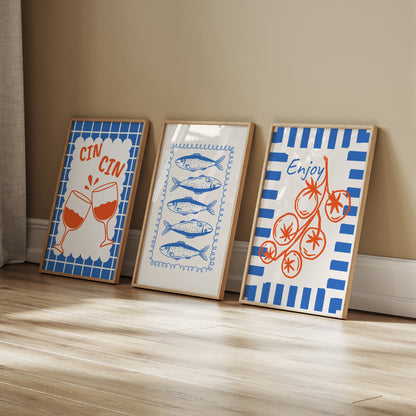Mediterranean Kitchen Wall Art 3 Piece Framed Print Set - Cin Cin Wine, Fish & Tomato Illustration, Coastal Dining Room Decor