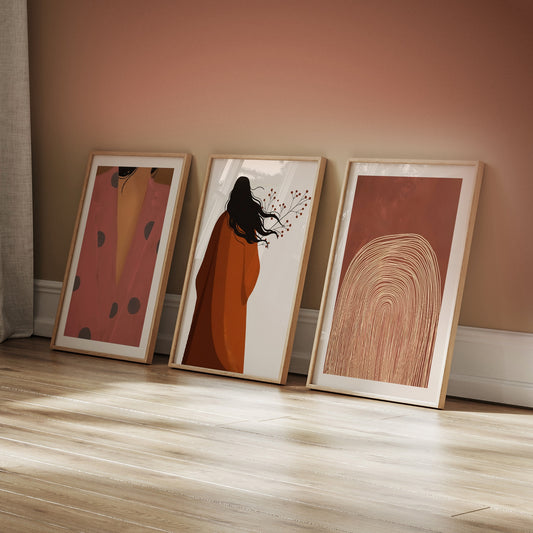 Terracotta Boho Wall Art Set of 3 | Modern Abstract Prints