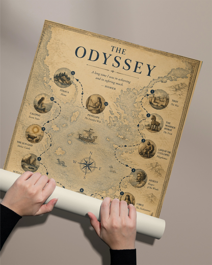 The Odyssey Poster, Odysseus Journey Map Fine Art Prints with Wooden Frames