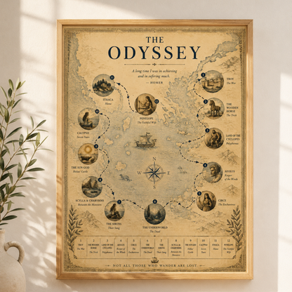 The Odyssey Poster, Odysseus Journey Map Fine Art Prints with Wooden Frames