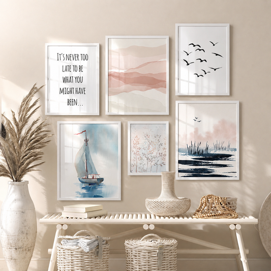 Free Soul - 6 Pieces Nautical Watercolor Gallery Wall Set FRAMED