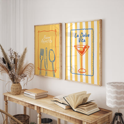 Yellow Kitchen Wall Art Set of 2 – Buon Appetito & La Dolce Vita Framed Prints