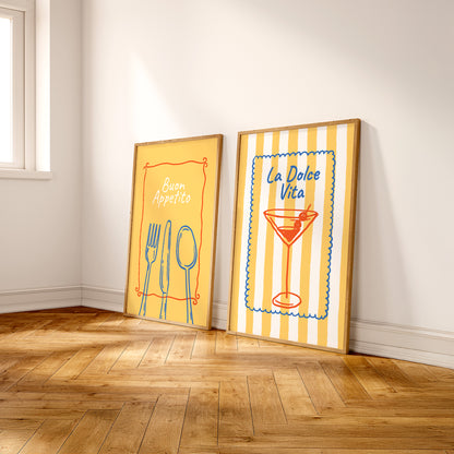 Yellow Kitchen Wall Art Set of 2 – Buon Appetito & La Dolce Vita Framed Prints